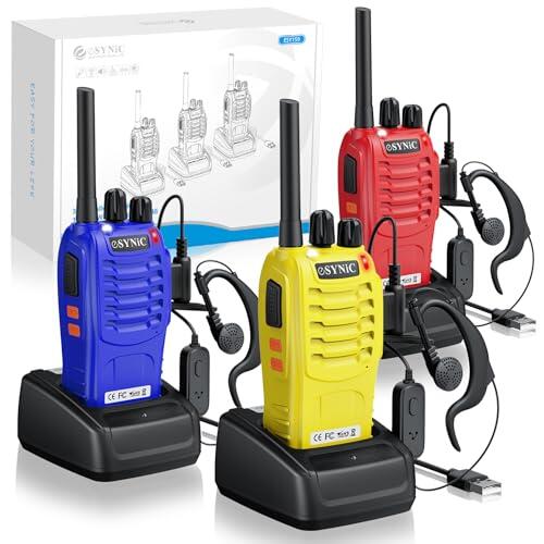 eSynic 3PCS Walkie Talkies PMR446 Recargables Radio Bidireccional Profesional Sin Licencia Emisora Transmisor 16 Canales VOX 1500mAh con Auriculares Radiocomunicadores para Caza Almacén