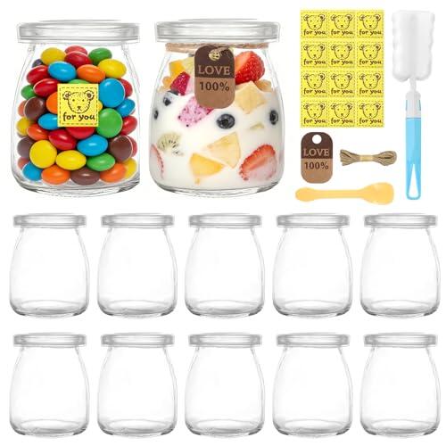 Tarros de postre con tapa, 200 ml, 12 tarros de cristal reutilizables para yogur con cepillo y cucharas, juego de alta calidad para yogur, pudín, postre y miel
