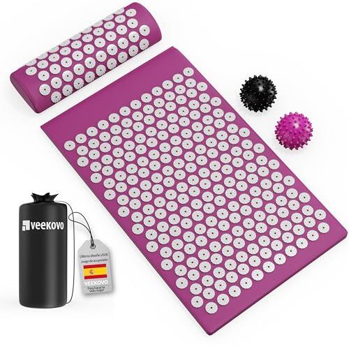Set de Acupresión - Esterilla,Eco - Con Cojín,Bolas de Masaje y Bolsa - Almohada,Tapete de Masaje con Puntas para Alivio del Dolor,Relajación y masaje en la espalda,la cervical,los piernas (Púrpura)