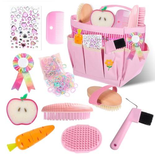 Caja de limpieza para caballos y niños, set de cuidado de caballos con cepillo de masaje, peine para ratones, raspador de pezuñas, esponja para caballos, color rosa para niñas, regalo para niños a