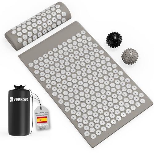 Set de Acupresión - Esterilla,Eco - Con Cojín,Bolas de Masaje y Bolsa - Almohada,Tapete de Masaje con Puntas para Alivio del Dolor,Relajación y masaje en la espalda,la cervical,los piernas (Gris)