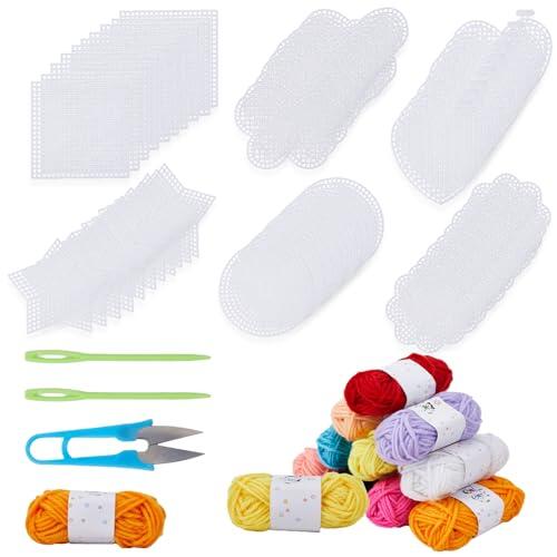 letsinstyle Kit de 60 lámina de Lona de Plástico, Hilo Acrílico de 12 Color Y Herramientas de Bordado, Tela Aida para Punto de Cruz para Bordar, Tejer Y Crochet