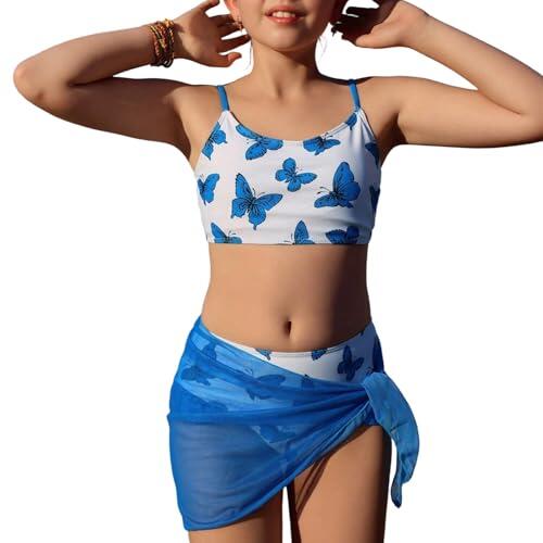 Traje de baño floral elegante de dos piezas para adolescentes y niñas, perfecto para vacaciones de verano en la playa o momentos en la piscina, azul, 10-11 Años
