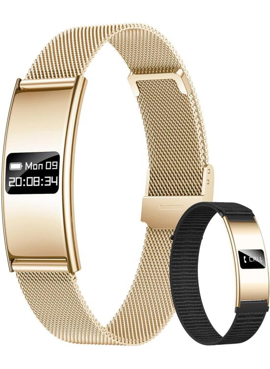 Pulsera Inteligente de Rastreo Fitness para Mujeres: Impermeable IPX8 Smartwatch Agua Monitor 24/7 Actividad Ritmo Cardíaco y Sueño Batería 7 Días 2 Correas Nylon+Acero Dorado para Android y iPhone