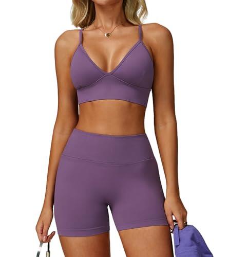 JTSONN Conjunto Deportivo para Mujer Gimnasio de Punto Elástico Yoga Tirantes Fitness Ropa Escote en V Espalda Descubierta Sujetador Combinado Pantalones Cortos Fruncido Ropa Deportiva sin Costuras