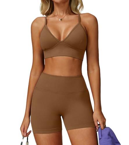 JTSONN Conjunto Deportivo para Mujer Gimnasio de Punto Elástico Yoga Tirantes Fitness Ropa Escote en V Espalda Descubierta Sujetador Combinado Pantalones Cortos Fruncido Ropa Deportiva sin Costuras