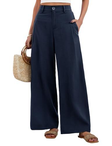 HEEKPEK Pantalon Lino Mujer Pantalones de Verano Mujer Casuales Fluido Largo Cintura Alta Elástico con Botones Comodo Suelto Anchas con Bolsillos Palazzo (Azul Marino, L)