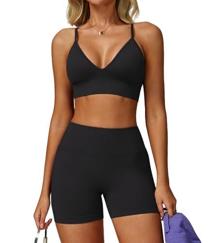 JTSONN Conjunto Deportivo para Mujer Gimnasio de Punto Elástico Yoga Tirantes Fitness Ropa Escote en V Espalda Descubierta Sujetador Combinado Pantalones Cortos Fruncido Ropa Deportiva sin Costuras