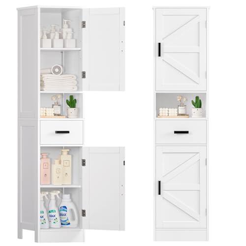 TEENFON 170 cm Mueble Baño Estrecho de 40 cm, Armario Baño Alto con 2 Puertas en Flecha & 1 Cajón, Columna Baño con Estantes Ajustables & Compartimento, para Baño, Cocina y Salón, 40x30x170 cm, Blanco
