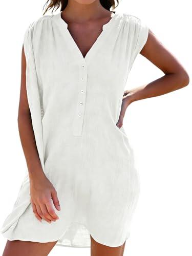 JFAN Camisolas Playa Mujer Verano Vestido de Playa Cuello V Camisa Sin Mangas Suelta de Bikini Cover Up Beachwear(Blanco,Talla única)
