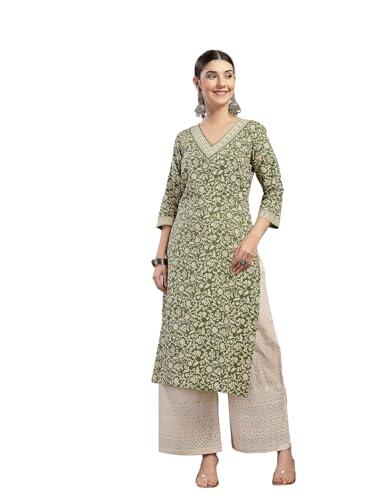 Stylum Kurta recta de algodón con estampado étnico verde para mujer, Verde, XL