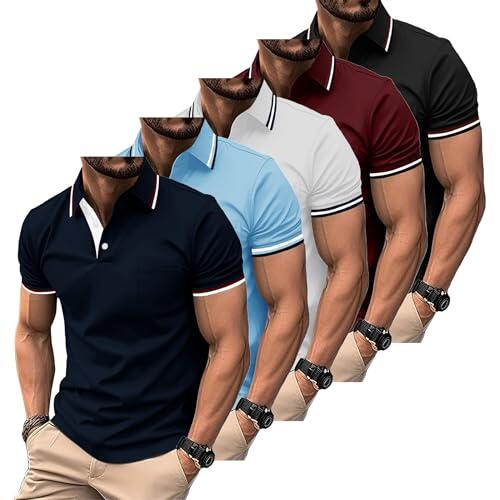 ZITY Polo para Hombre Paquete de 5 Polo Manga Corta Camiseta Golf Trabajo Transpirable Camiseta Informal con Bolsillo Verano 5 Pack T Shirt para Vacaciones