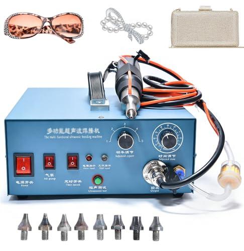 LXPINGMM Máquina ultrasónica de 500 W para Fijar Diamantes de imitación, Herramienta para Fijar Perlas, con 8 tamaños de Punta Diferentes (1 mm-8 mm), Bomba de vacío integrada y función de autocebado