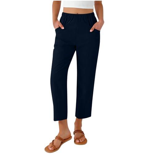 Pantalones Mujer de Lino de Algodón Casuales Pantalones Cintura Alta Elásticos con Bolsillos Pantalón con Cordón Deporte Pants Color Sólido Pantalón Verano 7/8