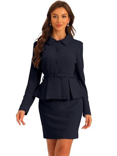 Allegra K Mujer Conjuntos De Chaqueta Y Falda Tubo con Blazer Peplum 2 Piezas Trajes De Negocios Azul Marino L