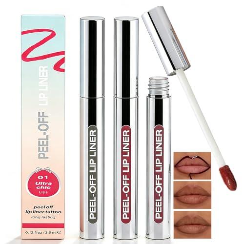 Set Peel-Off Tinte Labial,3 Colores de Perfilador Labial Tatto Despegable,Larga Duración,Resistente al Agua y A Prueba de Transferencia,Acabado Mate y Alto Pigmento para Labios Definidos