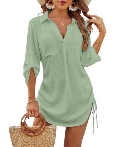 JFAN Vestido de Playa para Mujer Camisas Largos Cuello en V de Bikini Cover up Color Sólido Chic con Verano Casual Blusa de Playa con Boton,Verde Talla única