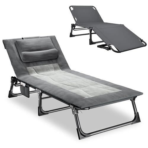 Mopaicot Furn Tumbona plegable con respaldo ajustable, colchón y almohada – Tumbona portátil de jardín para piscina, terraza, camping, gris