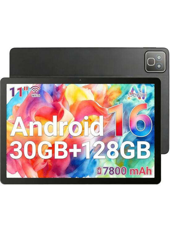 Tableta Android 16, 30 GB + 128 GB (ampliable a 1 TB), tableta de 11 pulgadas con Bluetooth 5.3, WiFi 6, cámara dual, 5 núcleos, 5 MP + 8 MP, 7800 mAh, tabletas con modo teclado, luces arcoíris(negro)
