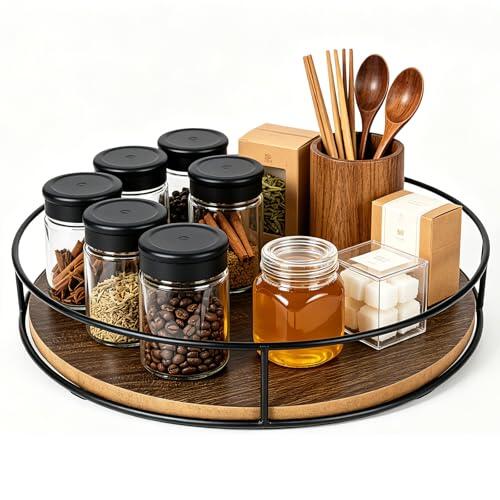 elthmpr Plato giratorio de madera para cocina, organizador de especias de madera Lazy Susan 360°, organizador de especias, redondo, soporte para especias, 23 cm, para cocina, armario, encimera, mesa
