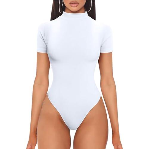 HTTDSLF Body de Mujer Blanco Camisetas Bodysuit Body de Manga Corta para Mujer, Elegante Bodysuit de Cuello Redondo, Tops Sexy para Deporte