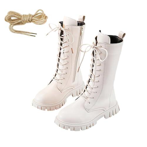 Botas Niña Altas hasta La Rodilla Botas Altas Botas De Combate Blancas Zapatos para Niña Zapatos Escolares De Piel SintéTica con Cordones Y Cremallera Lateral Punk Goth Boot De Princesa De Goma