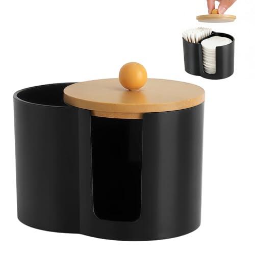 LOLANIUT Bastoncillos de algodón negro con tapa de bambú, dispensador de almohadillas de algodón y dispensador de bastoncillos de algodón, almacenamiento con y apertura en forma de U, adecuado para