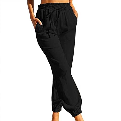 Pantalones de tobillo de algodón para mujer, pantalones de lino de algodón plus, pantalones largos de cintura alta, joggers elásticos de cintura pura de color para primavera y verano, cómodos y