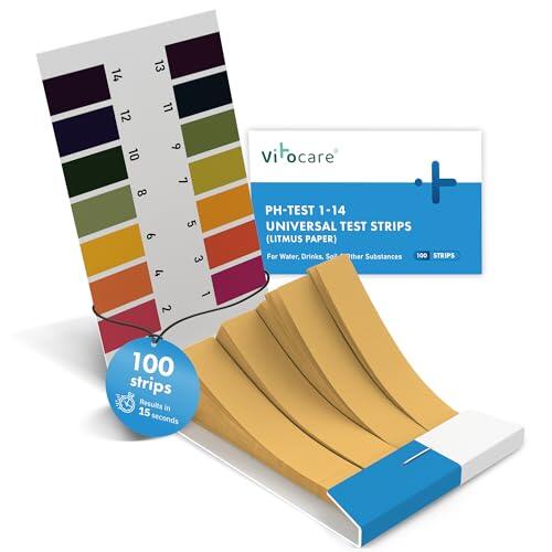 vitocare 100 tiras de prueba pH – Test en casa para acidez y alcalinidad con papel tornasol, test de agua potable y acuario, tiras pH para alimentos y bebidas