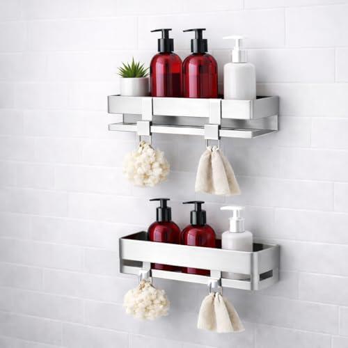 2 Estanterías sin Taladro + 4 Ganchos de Alta Resistencia - Organizador para baño, Ducha, Cocina Adhesivo – Baldas Pared sin Agujeros – Accesorios Modernos para Organizar y Decorar (2 Unidades)