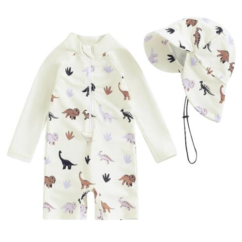 JENJON Traje de Baño de Una Pieza de Manga Larga para Bebé Niños Estampado con Cremallera Piscina Rashguard con Sombrero 2Pcs Infantil Ropa de Playa Dinosaurio Blanco 18-24 Meses