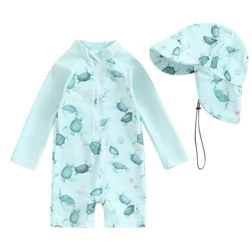JENJON Traje de Baño de Una Pieza de Manga Larga para Bebé Niños Estampado con Cremallera Piscina Rashguard con Sombrero 2Pcs Infantil Ropa de Playa Tortuga Verde 18-24 Meses
