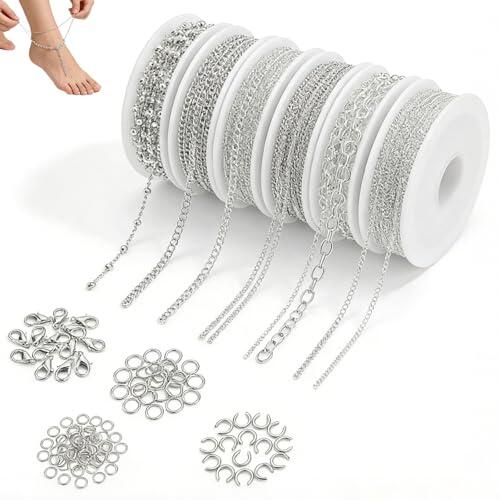 Set de Cadenas para Hacer Joyas DIY 14m, 6 Rollos de Cadena de Eslabones Plateada, con 20 Cierres de Mosquetón + 120 Anillos + 20 Anillos en U, Accesorios para Fabricación de Collares Pulseras