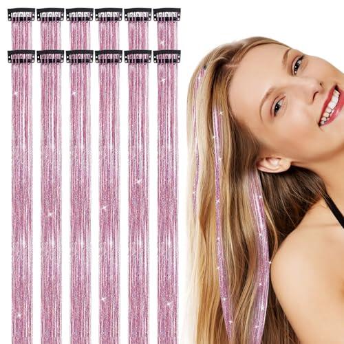 12 mechones de pelo con purpurina rosa para enganchar, mechones de purpurina para el cabello, reutilizables, para mujeres y niños, festivales (rosa)