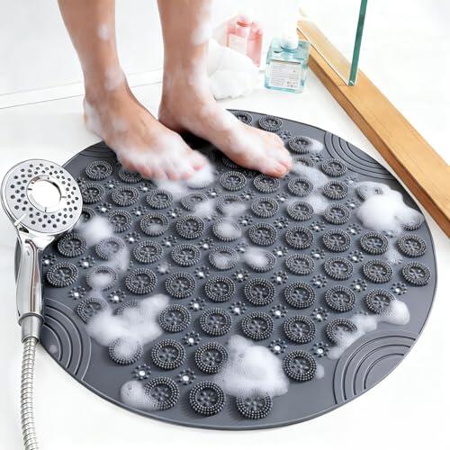FALSKT Alfombra Ducha Antideslizante 55x55cm Alfombra Bañera Antideslizante TEP Alfombrillas para Ducha Redonda Alfombra de Ducha con Ventosas Orificios de Drenaje Función de Masaje Resistente al Moho