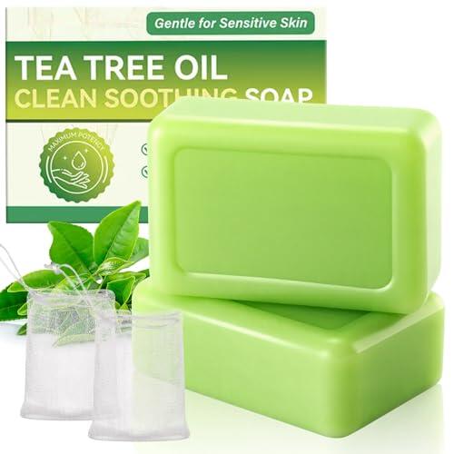 2 Pastillas de JabóN de Aceite Árbol De Té, Jabón Natural de Arbol de Té con Redes de Espuma, Limpiador Facial y Eliminar el Olor Corporal, Jabon de Cara Cuerpo para Hombres Mujeres Toda la Piel