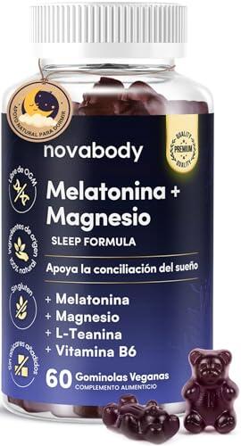 Melatonina Gominolas Sin Azúcar 100% Natural para Dormir – Fórmula Nocturna Completa con Magnesio, L-Teanina y Vitamina B6 | Veganas y Sin Gluten | 60 Gummies Novabody