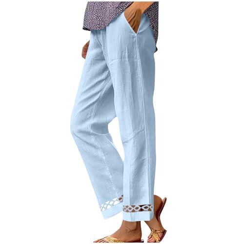 Pantalones De Algodón y Lino Mujer Verano, Pantalón Rectos Deporte Pantalones De Encaje Mujer Pants Color Sólido Pants Cintura Elástica Casual con Bolsillos