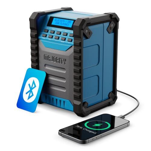 MAJORITY Landbeach Radio de Obra Portátil | Batería de 10.000 mAh Dab+ & FM Digital Radio con Bluetooth | Clasificación de Protección IP54 contra Polvo y Agua | 40 Presets and 6 EQ