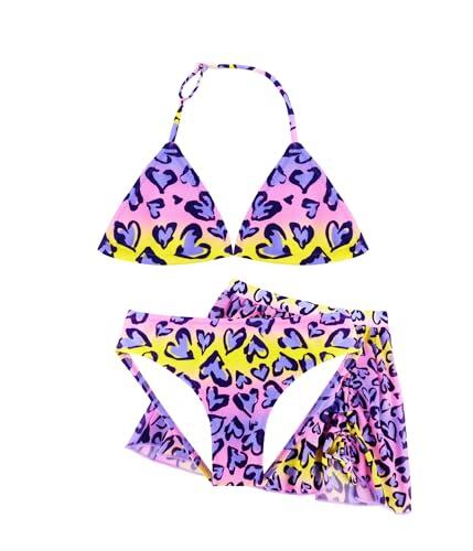 Conjunto Bikini Niña 3 Piezas con Falda Sarong, Bañador Dos Piezas con Tirantes Ajustables, Ropa de Playa y Piscina para Niñas de 4–12 Años (12-14Years, LA717-Purple)