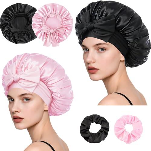 Loomify Pack de 2 Gorro de Satén para Dormir, Gorro de Seda para Pelo Rizado, Bonnet Ajustable para Mujeres y Niñas, Negro y Rosa
