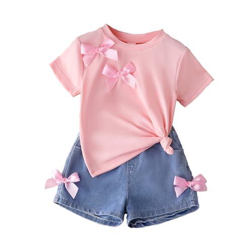 Eqenkely Conjunto Ropa para Niña Tee Shirt de Manga Corta y Pantalones Cortos Vaqueros Traje de Verano Conjuntos Moda Ocio dos Piezas para Niño Rosa 5 Años