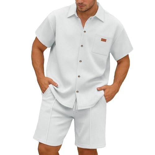 MODSGUE Traje de ocio de dos piezas para hombre, 2 piezas, camisa de manga corta y pantalones cortos, conjuntos de ropa con botones, camisa de playa, pantalones cortos, cómodo traje de playa de pana