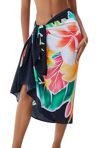 OIZEN Pareo Mujer Traje de Baño Salida de Playa con Abertura Alta, Falda Cruzada Estampada para Bikini Ropa de Baño, Vacaciones de Verano y Fiesta,Negro