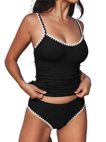NLAND Bañadores Mujer 2 Piezas Tankini Push up Cuello en V Talle Alto Bañadore Conjunto patrón de Engranajes Sólido De Dos Piezas，Negro，XL