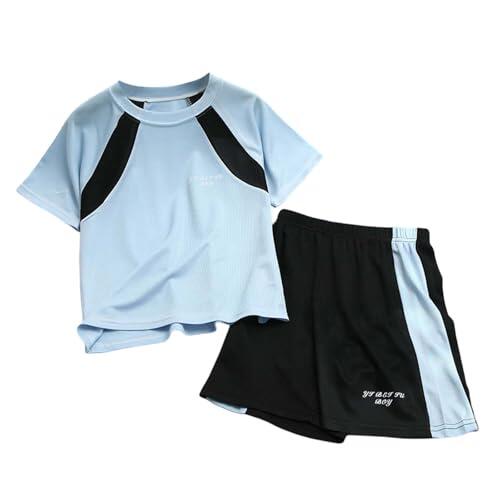 Generisch Chándal para niños y niños, ropa deportiva, juego de chándal para niños pequeños, primavera, verano, manga corta, camiseta deportiva, pantalones cortos, ropa, azul claro, 12-14 años
