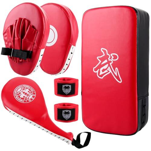 LDHHYH Manoplas Boxeo y Paos Muay Thai, Set de Entrenamiento Boxeo Rojo con Kick Pad Taekwondo, Cinta 3 m y Almohadillas PU para Artes Marciales, Karate y MMA