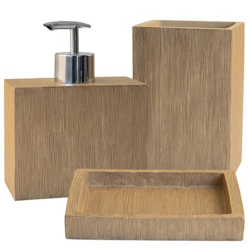 Schläfer 285200 | Juego de baño completo serie Bambus con dispensador para jabón, jabonera, portacepillos de dientes, vaso de baño, jabonera líquida, accesorios de resina efecto bambú, 3 piezas