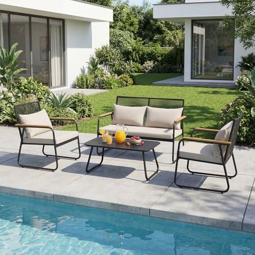 HOMAVO Conjunto de Jardín Exterior de Ratán Sintético 3-4 Personas, Sofá Exterior con Mesa y Cojines, Resistente a Intemperie y UV, para Terraza y Balcón