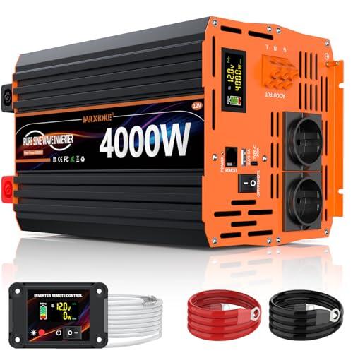 Inversor 12V 220V Onda Pura 4000w Convertidor DC AC Transformador de Voltaje con Mando a Distancia & 2 Tomas de AC & Puerto USB para Coche Camion RV,energía Solar